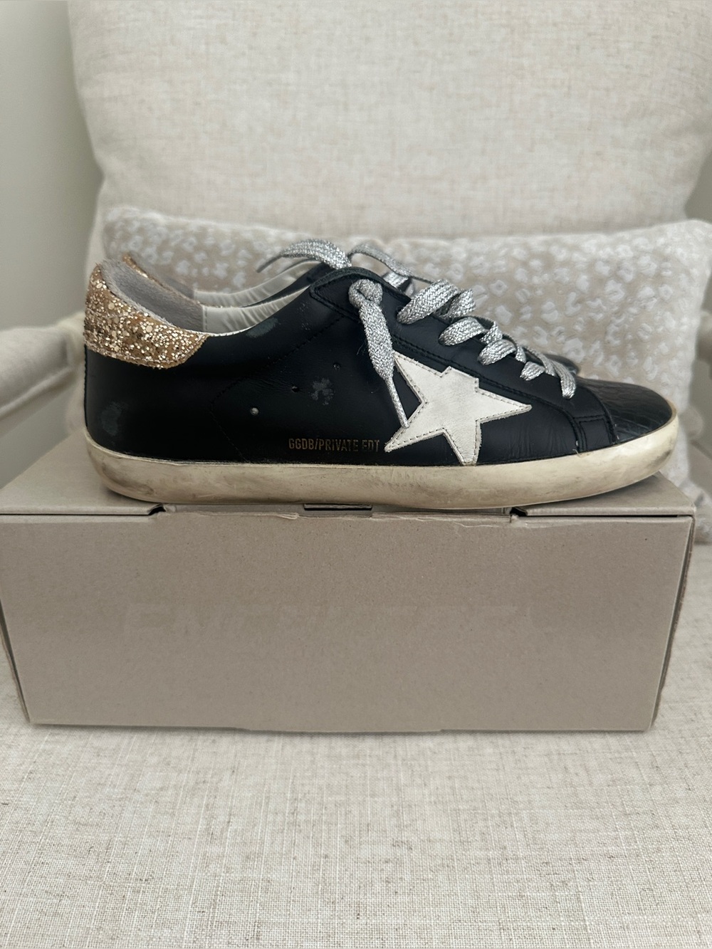 Golden Goose Black Leather Sneakers with White Star and Gold Glitter Heel
